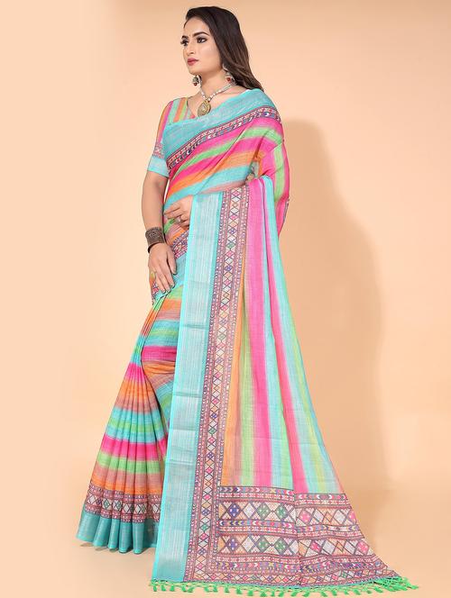 women striped printed saree with blouse - 21218157 - Very Small Image - 1