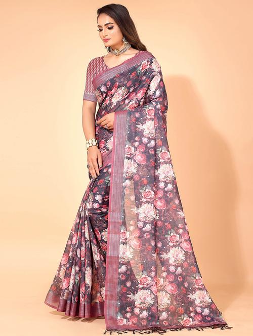 brown floral print saree with blouse - 21218168 - Very Small Image - 1
