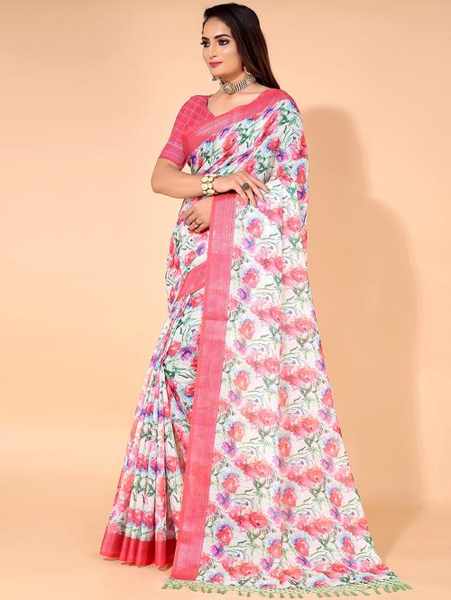 white floral print saree with blouse - 21218169 - Very Small Image - 1