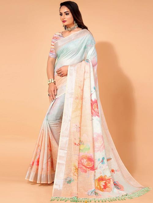 peach floral print saree with blouse - 21218172 - Very Small Image - 1