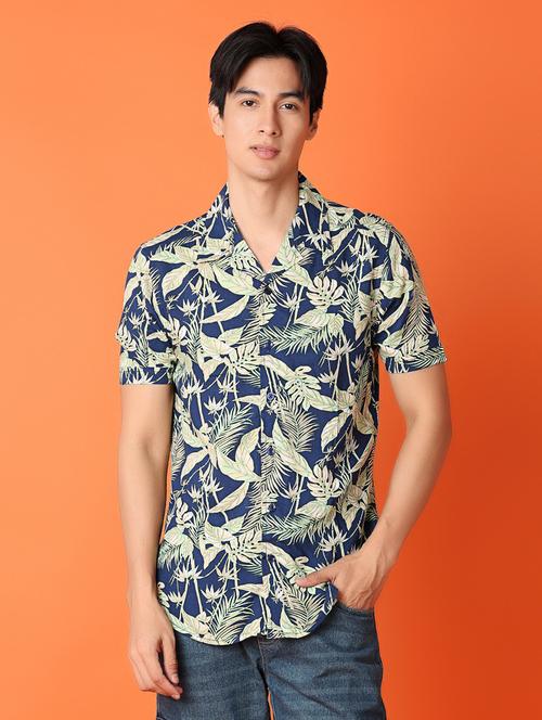 men navy blue printed short sleeve casual shirt - 21220917 - Very Small Image - 1