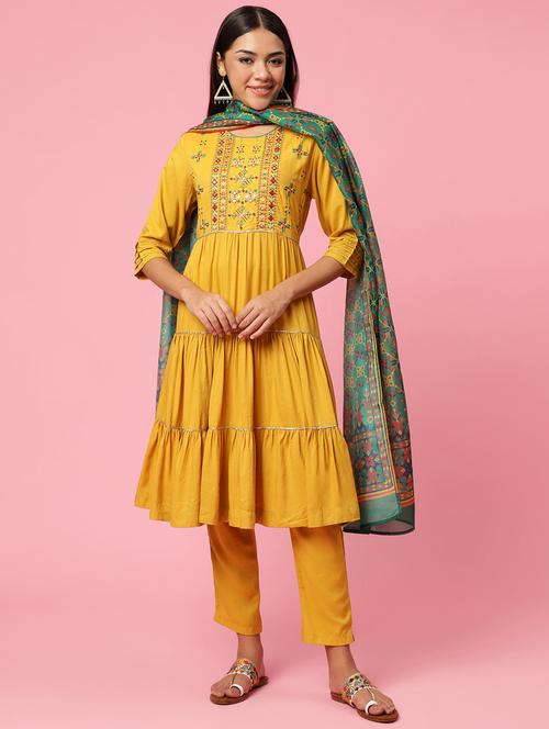mustard viscose kurta dupatta  set - 21221597 - Very Small Image - 1