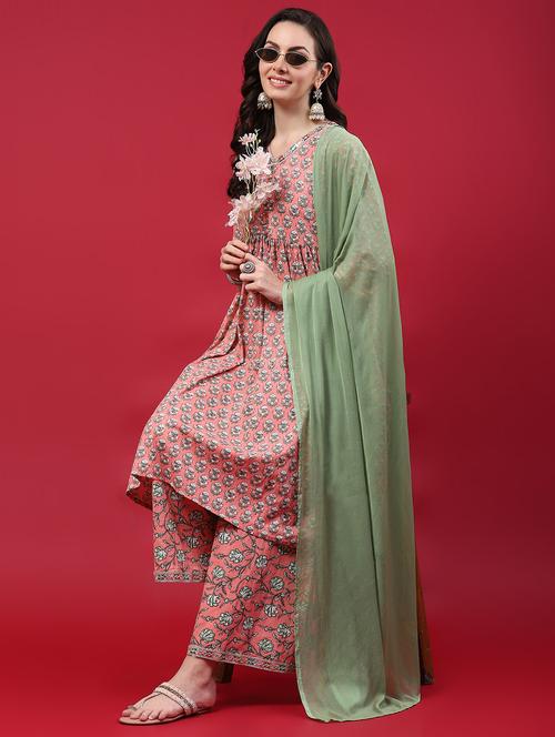 peach cotton kurta dupatta  set - 21221652 - Very Small Image - 1