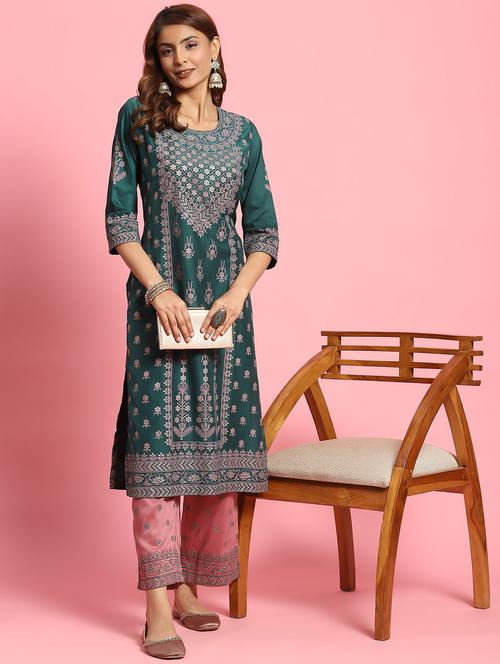 women round neck kurta palazzo set - 21221685 - Very Small Image - 1