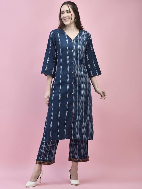 women navy blue ikat v neck kurta pant set - 21221823 - Very Small Image - 1