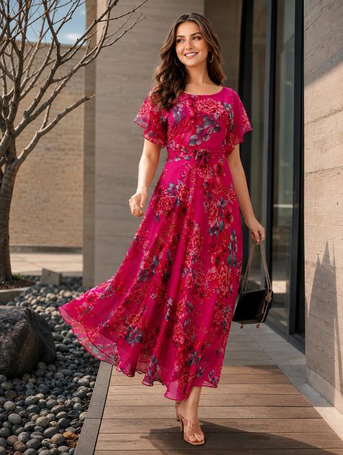 pink georgette fit & flare dress - 21223681 - Very Small Image - 1