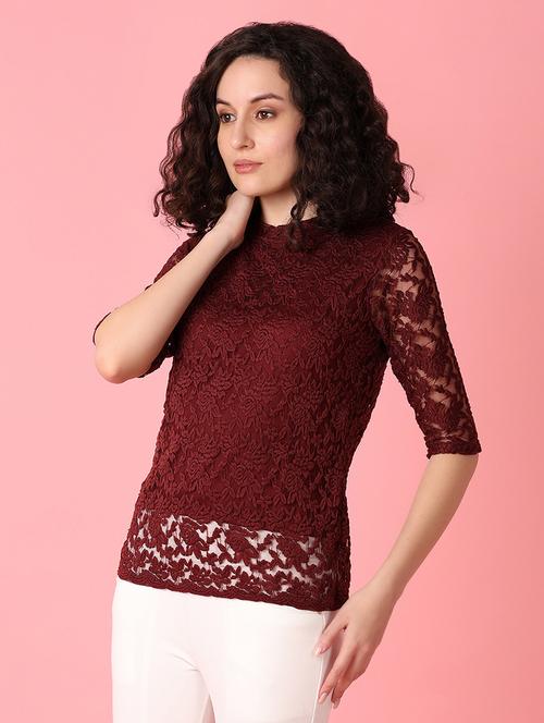 women maroon lace detailed round neck top - 21226916 - Very Small Image - 1