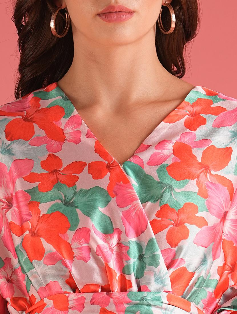 globus women multicolour wrap neck floral tie-up fit & flare workwear dress - 21227820 - Zoom Image - 4