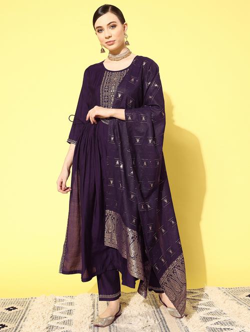 women purple three quarter sleeve kurta pant with dupatta set - 21230737 - Very Small Image - 1