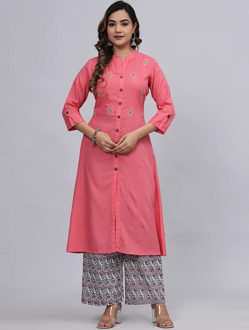 women solid with work kurta palazzo set  - 21232226 - Very Small Image - 1