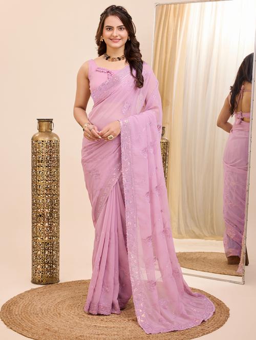 pink georgette embroidered saree with blouse - 21233913 - Very Small Image - 1
