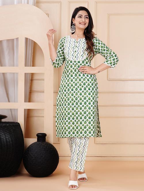 women green notch neck kurta pant set - 21234200 - Very Small Image - 1