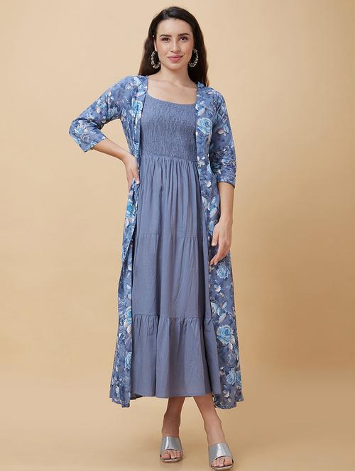 blue cotton fit & flare ethnic dress - 21237569 - Very Small Image - 1