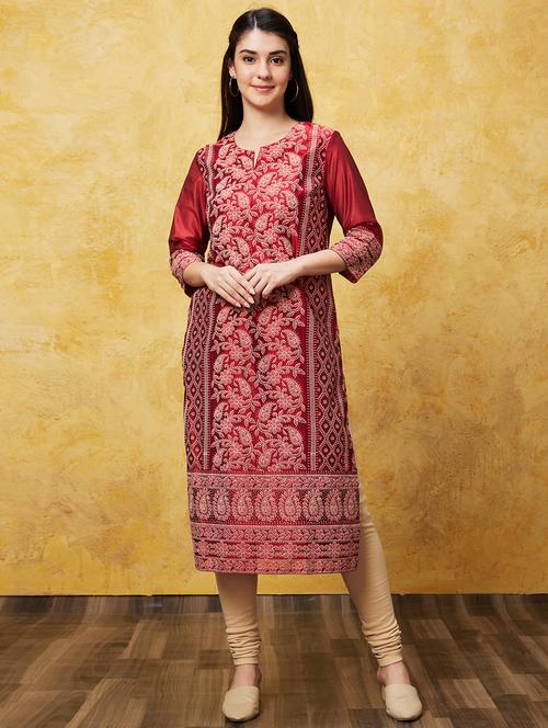 globus women maroon ethnic motifs printed straight calf length festive kurta - 21237820 - Very Small Image - 1