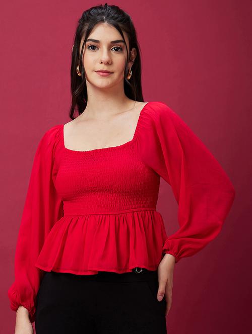 globus women red square neck bishop sleeve smocked peplum party top - 21237873 - Very Small Image - 1