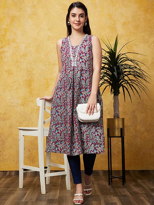 globus women wine allover ethnic motifs flared hem a-line calf length kurta - 21237919 - Very Small Image - 1