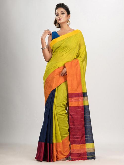 yellow cotton blend handloom saree - 21240287 - Very Small Image - 1