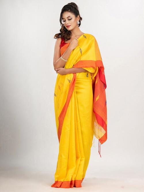 yellow cotton blend jamdani saree with blouse - 21240312 - Very Small Image - 1