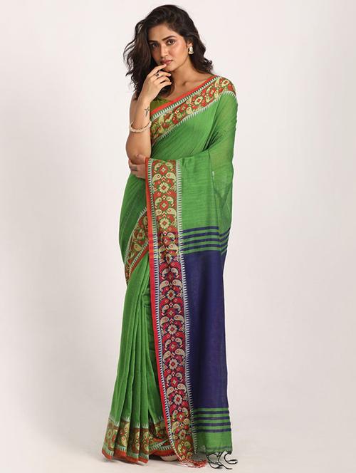 green cotton blend handloom saree with blouse - 21241186 - Very Small Image - 1