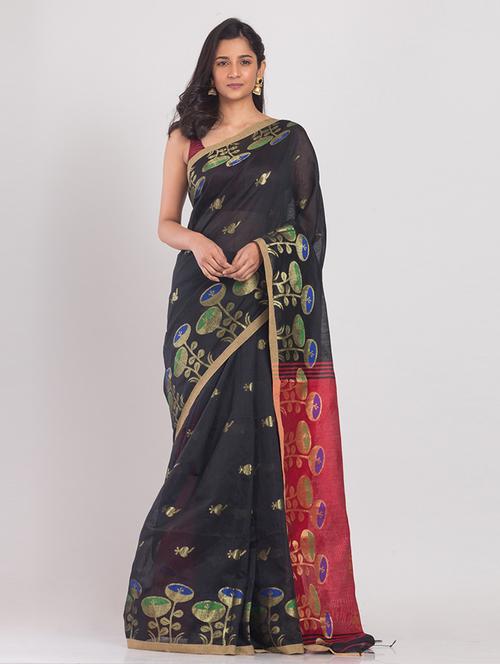 black cotton handloom saree with blouse - 21241611 - Very Small Image - 1