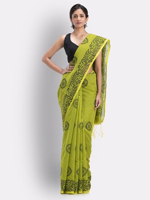 green cotton handloom saree with blouse - 21241705 - Very Small Image - 1