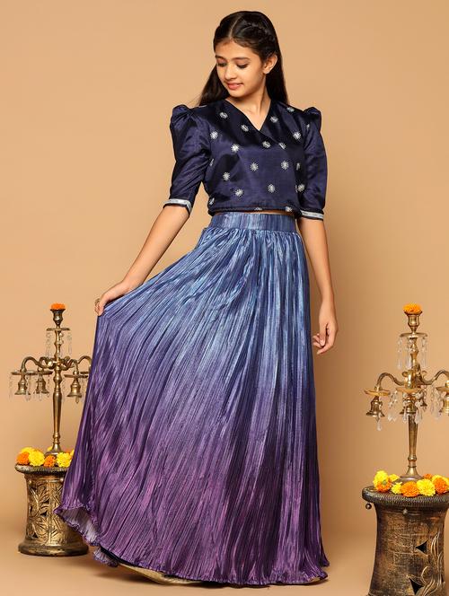 girls navy blue v neck lehenga choli - 21243648 - Very Small Image - 1