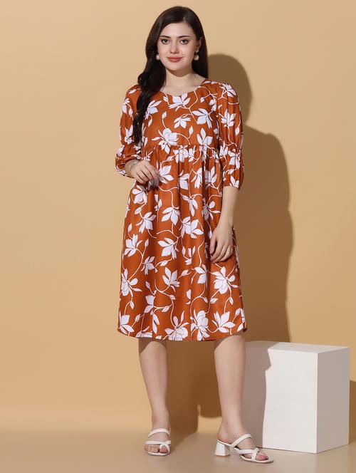 brown floral printed a-line dress - 21243731 - Very Small Image - 1