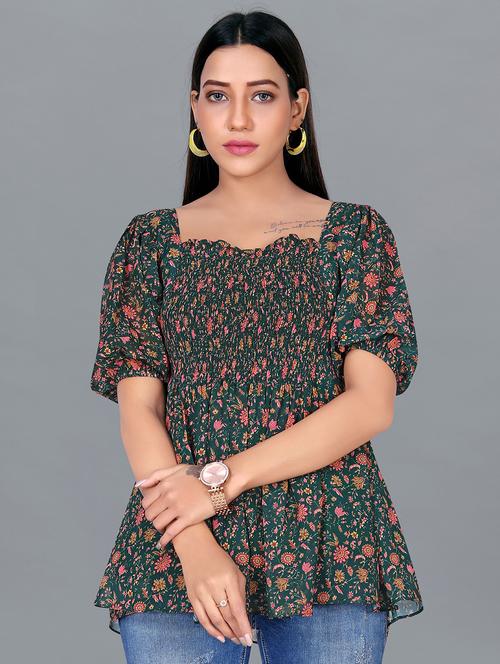 dark green georgette peplum top - 21244017 - Very Small Image - 1