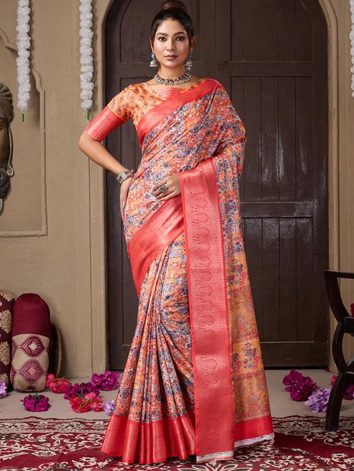 women printed bordered saree with blouse - 21244565 - Very Small Image - 1