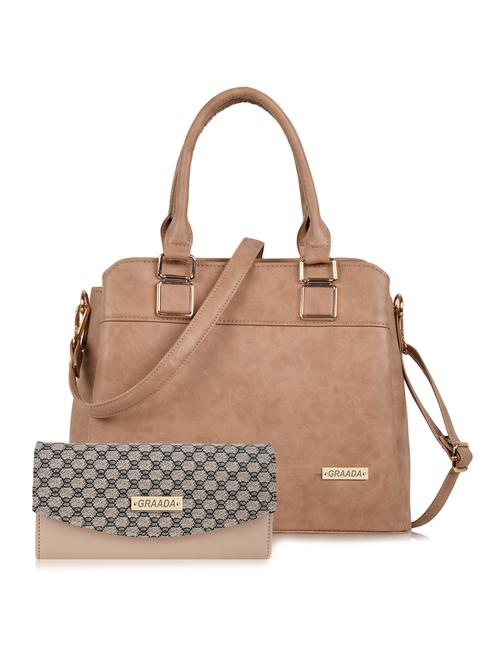 beige leatherette (pu) combo handbag - 21248590 - Very Small Image - 1
