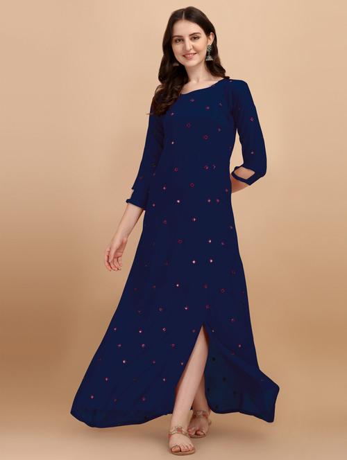 women blue round neck a-line dress - 21252307 - Very Small Image - 1