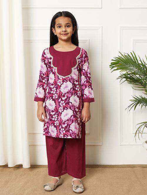 girls printed cotton kurta palazzo suit set - 21254044 - Very Small Image - 1