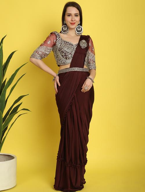 women maroon solid redy to wear saree - 21259330 - Very Small Image - 1