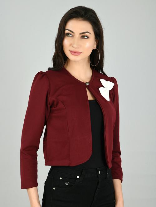 women maroon bow detailed three quarter sleeve shrug - 21269502 - Very Small Image - 1