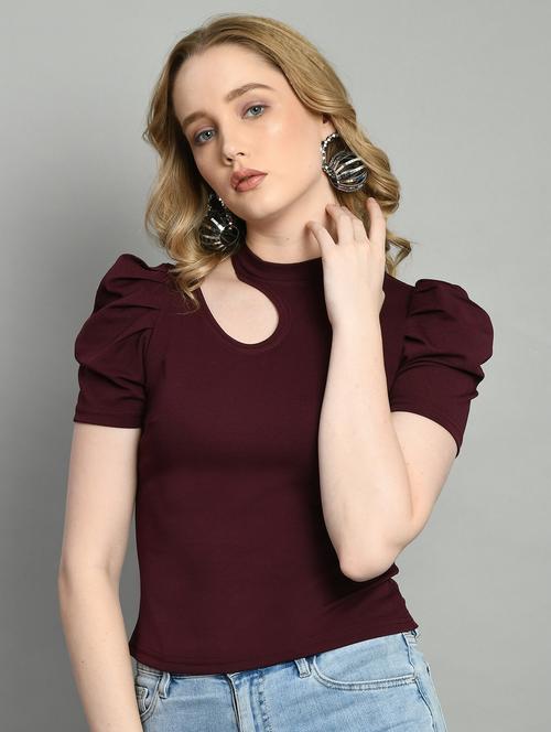 women solid puff sleeves crop top - 21269759 - Very Small Image - 1