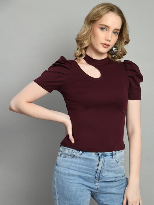women solid puff sleeves crop top - 21269809 - Very Small Image - 1