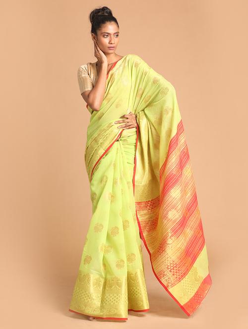 green poly blend handloom saree with blouse - 21271143 - Very Small Image - 1