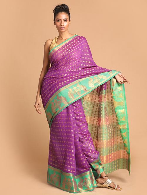 purple poly blend handloom saree with blouse - 21271177 - Very Small Image - 1