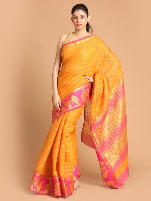 mustard poly blend handloom saree with blouse - 21271179 - Very Small Image - 1
