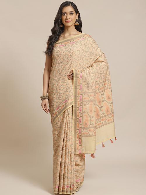 beige self design handloom saree with blouse - 21271436 - Very Small Image - 1