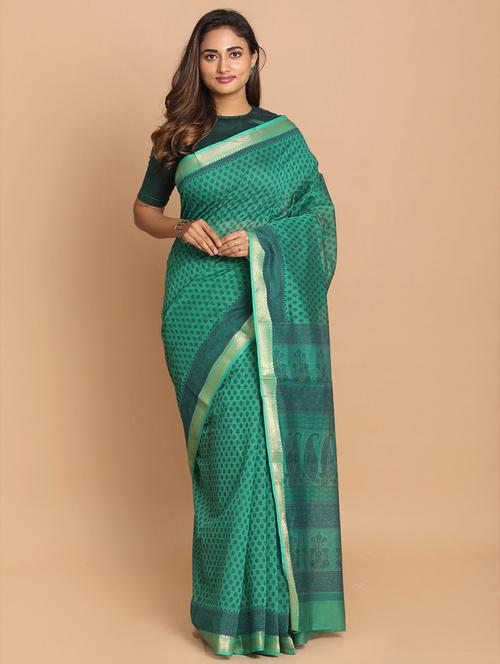 green cotton blend gadwal saree with blouse - 21272021 - Very Small Image - 1