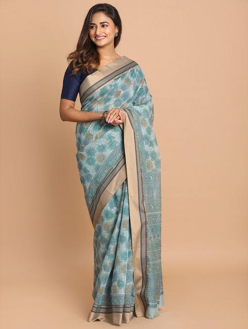 women light blue florals printed saree with blouse - 21272034 - Very Small Image - 1