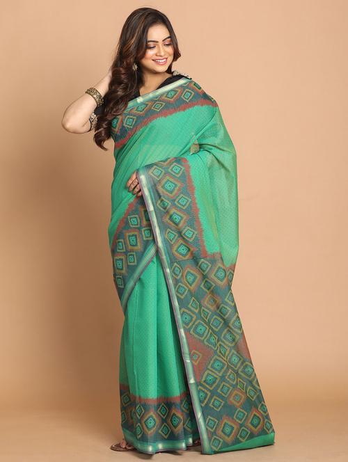 green cotton blend gadwal saree with blouse - 21272101 - Very Small Image - 1