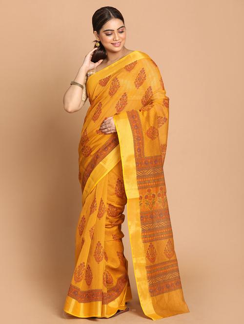 mustard cotton blend gadwal saree with blouse - 21272137 - Very Small Image - 1