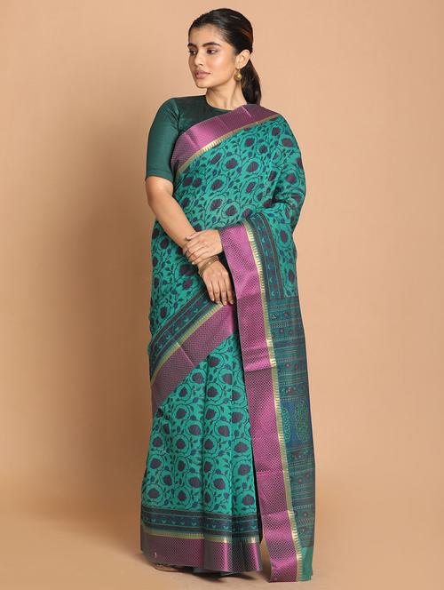 green cotton blend gadwal saree with blouse - 21272165 - Very Small Image - 1