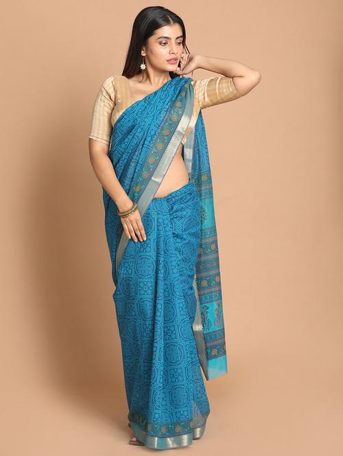 blue cotton blend gadwal saree with blouse - 21272172 - Very Small Image - 1