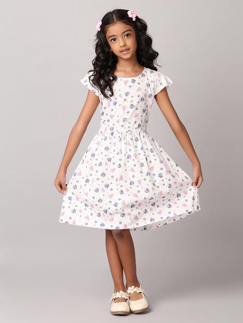 girls white printed round neck frock - 21275302 - Very Small Image - 1