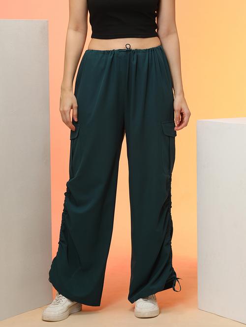 globus women forest green loose fit side ruching high rise cargo jogger with drawstring  - 21276134 - Very Small Image - 1