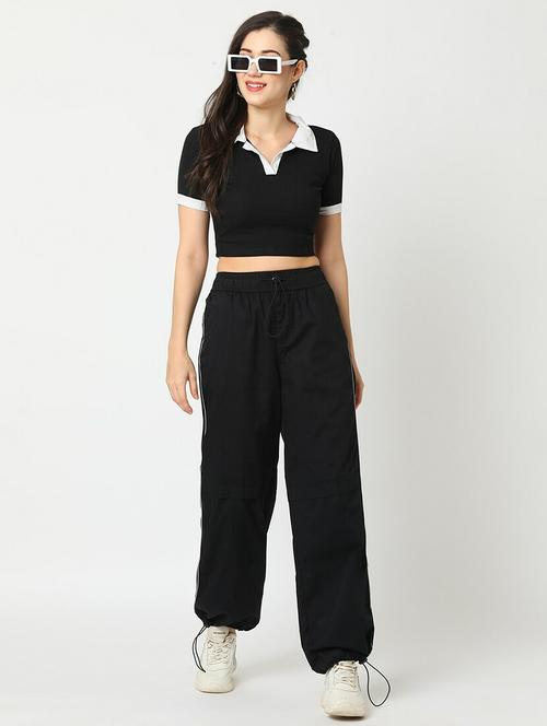 globus women black washed cargo with contrast piping and adjustable toggle - 21276136 - Very Small Image - 1