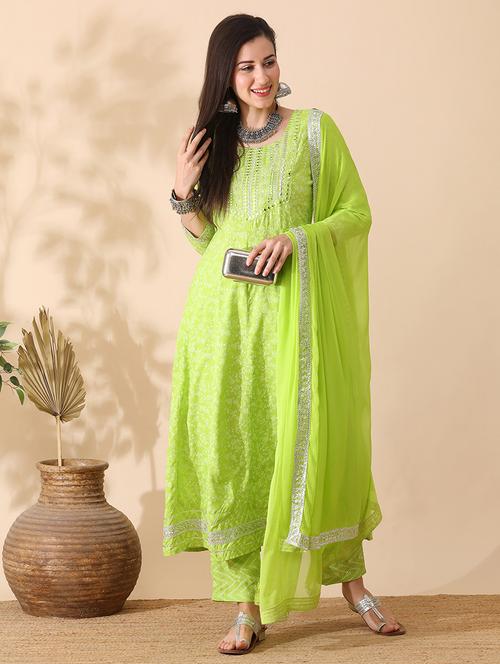 globus women green floral printed anarkali festive kurta with narrow pant & dupatta set - 21276150 - Very Small Image - 1